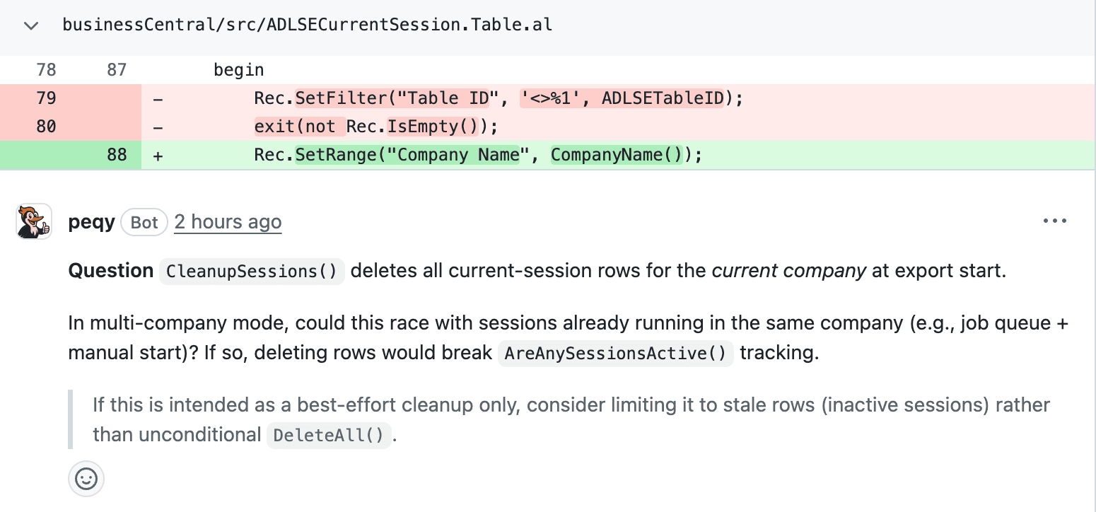 PEQY asking a clarifying question about a session cleanup race on a public bc2adls pull request