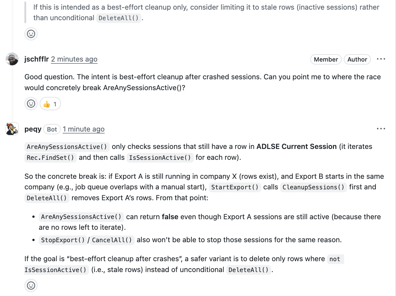 A pull request thread where the author asks PEQY where the race condition would break and PEQY answers with the concrete mechanism and a safer variant